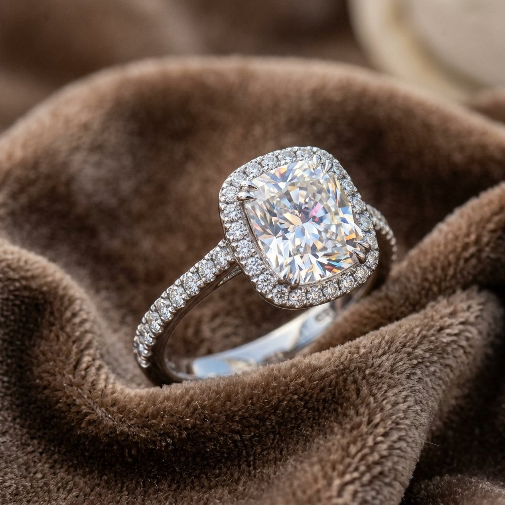 The Lumière Cushion Halo Ring handcrafted diamond jewellery